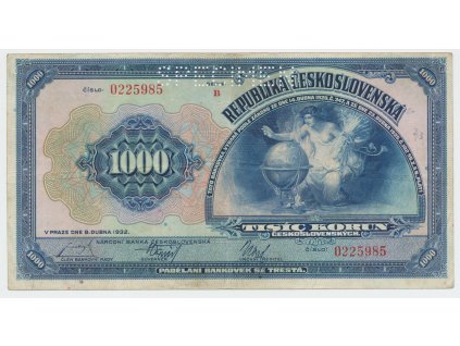 Československo, 1000 Koruna 1932, perf. 1x SPECIMEN nahoře, Hej.26a.S1