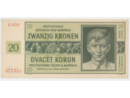 63205 protektorat cechy a morava 20 koruna 1944 tisk haase serie h hej 40c