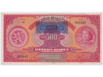 63214 63214 slovensko 500 koruna 1929 1939 pretisk perf 1x specimen hej 46a s1