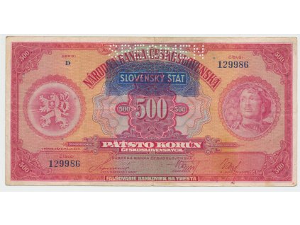 63223 slovensko 500 koruna 1929 1939 pretisk perf 1x specimen hej 46a s1