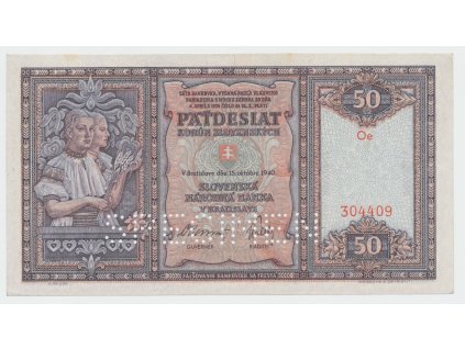 63238 slovensko 50 koruna 1940 perf 1x specimen dole hej 50a s2
