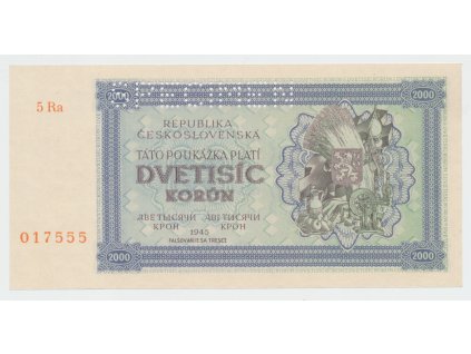 Československo, 2000 Koruna 1945, série s 1 číslem, 1x SPECIMEN nahoře, Hej.69a1.S1