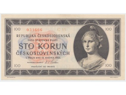 63292 ceskoslovensko 100 koruna 1945 serie c tisk haase neperforovana hej 77bc