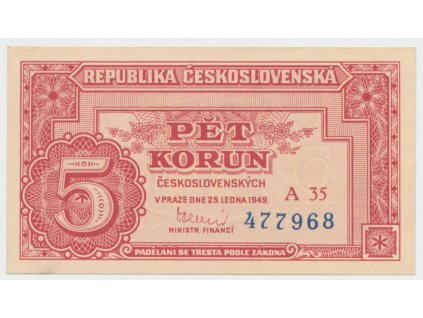 Československo, 5 Koruna 1949, série A 10 - 99, neperforovaná, Hej.83a2
