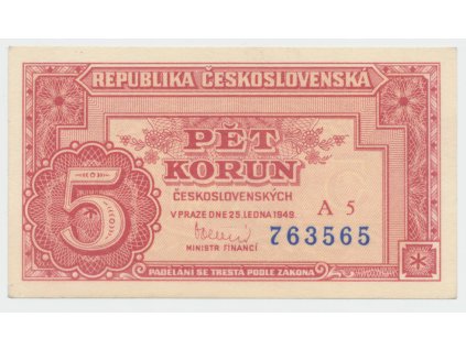 63307 ceskoslovensko 5 koruna 1949 serie a 1 9 neperforovana hej 83a1