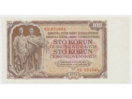 63325 ceskoslovensko 100 koruna 1953 tisk praha serie md perf 3 m d hej 95b s1