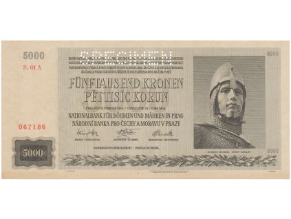 Protektorát Čechy a Morava, 5000 Koruna 1944, první série 01 A, perf. 1x SPECIMEN, Hej.41a.S1