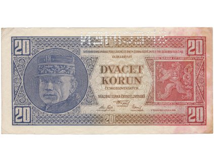 63739 1 ceskoslovensko 20 koruna 1926 tisk tb nbcs perf 1x specimen z rubu hej 21c2 s2