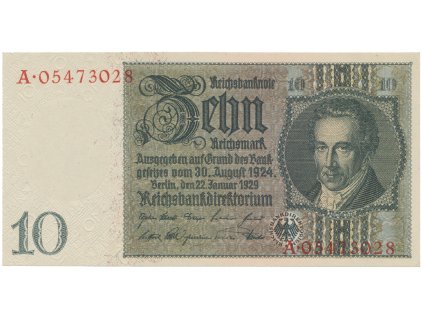 Německo, 10 Reichsmark 1929, válečná s průběžným vodotiskem, první série A, Hej.D2d