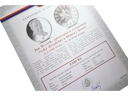 Stříbrná investiční medaile - Jan Werich - Ag 29 g - 999/1000 + Certifikát