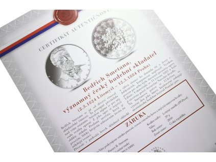 Stříbrná investiční medaile - Bedřich Smetana - Ag 29 g - 999/1000 + Certifikát