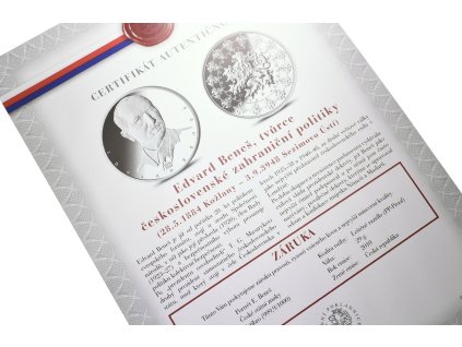 66868 1 stribrna investicni medaile edvard benes ag 29 g 999 1000 certifikat