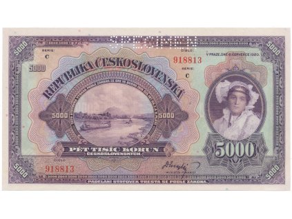 78175 5000 koruna 1920 serie c specimen hej 17b s1