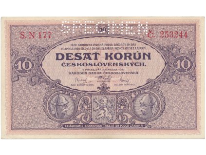 78226 10 koruna 1927 serie n specimen hej 22b s1