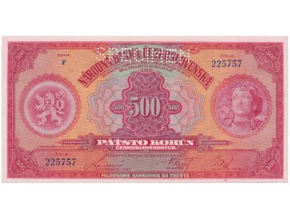78232 500 koruna 1929 serie f specimen hej 23c s1