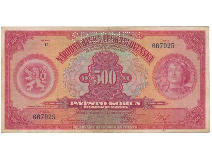78238 500 koruna 1929 serie c specimen hej 23c s1