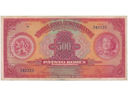 78244 500 koruna 1929 serie d specimen svisle hej 23c s2