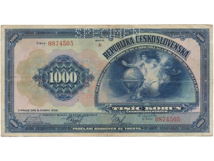 78436 1000 koruna 1932 serie b specimen hej 26a s1