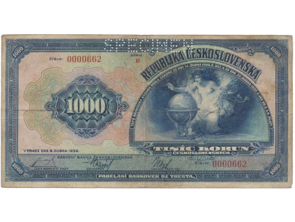 78439 1000 koruna 1932 serie b 0000662 specimen hej 26a s1