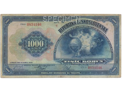 78442 1000 koruna 1932 serie c specimen hej 26a s1