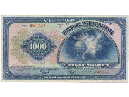 78472 1000 koruna 1932 serie a specimen hej 26a