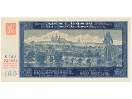 78685 100 koruna 1940 i vydani serie a specimen hej 32a s1