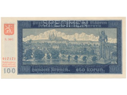 100 Koruna 1940, II. vydání, série G, SPECIMEN, Hej.33b1.S1