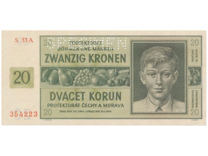 20 Koruna 1944, série A, SPECIMEN, Hej.40a.S1
