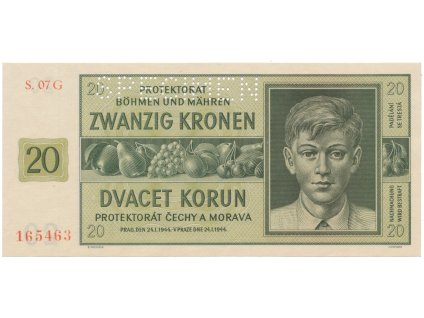 78787 20 koruna 1944 serie g specimen hej 40b s1