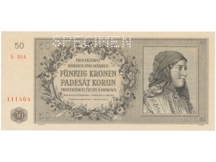 Protektorát Čechy a Morava, 50 Koruna 1944, 1x SPECIMEN, Hej.42a.S1