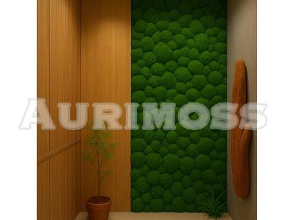 Machová stena Green Texture s kopcovitým machom na stene v interiéri – Aurimoss