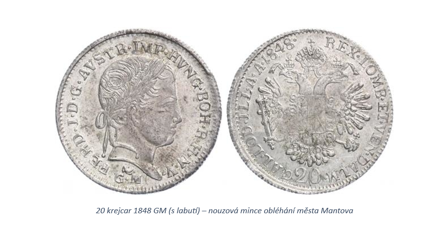 20 krejcar 1848 GM (s labutí) - nouzová mince obléhání města Mantova