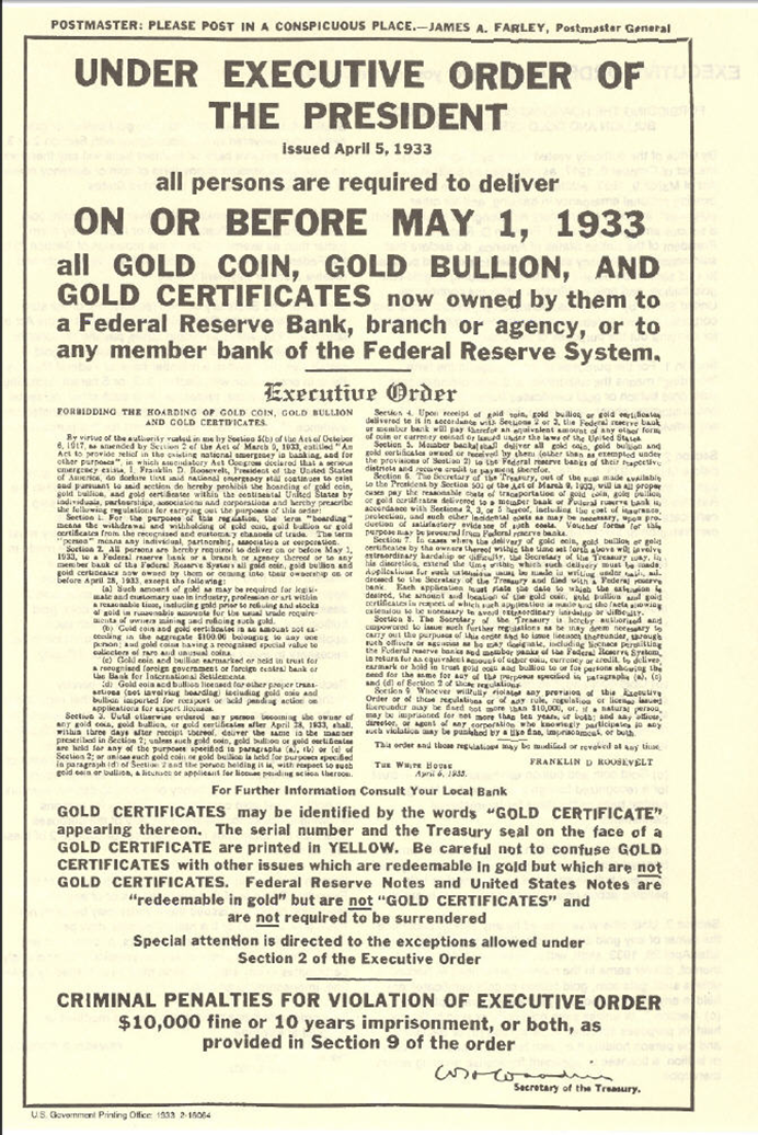 Zákon o nouzovém bankovnictví (Emergency Banking Act), resp. Executive Order 6102 z 5. dubna 1933
