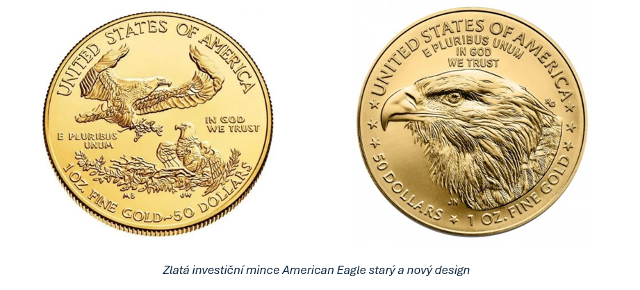 Zlatá investiční mince American Eagle starý a nový design