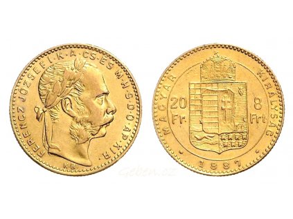 Zlatá mince 8 gulden 20 Fr Františka Josefa I. Uherská ražba 1882