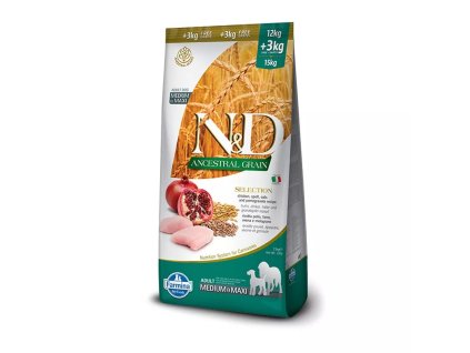 Farmina N&D dog AG SELECTION adult medium & maxi, chicken, spelt, oats & pomegranate 12 kg + 3 kg