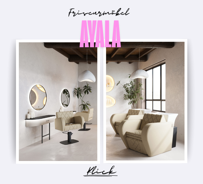 Elegante Friseurmöbel AYALA – moderne Waschanlagen, Bedienplätze und Empfangstresen im exklusiven Design.