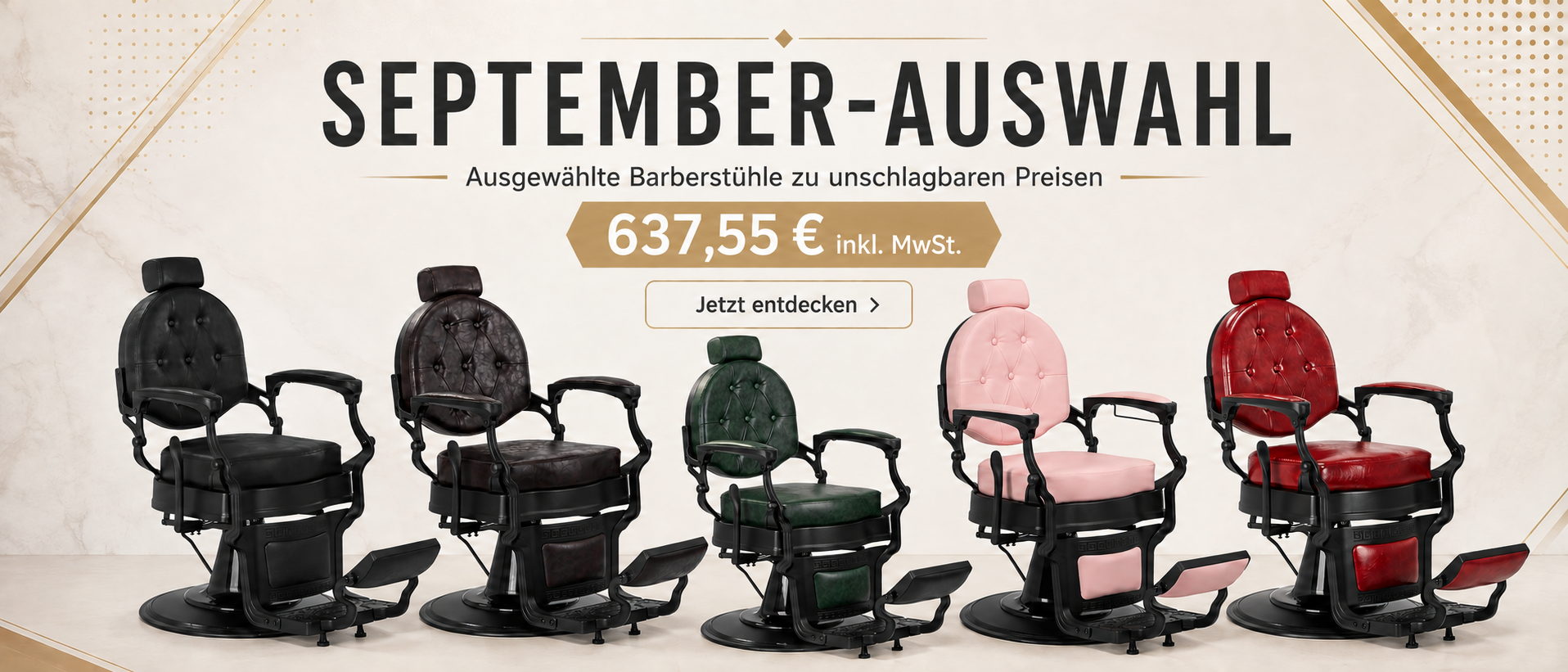 September-Angebot: ausgewählte Barberstühle für 599,25 € inkl. MwSt. – professionelle Barbersessel zu einem unschlagbaren Preis.