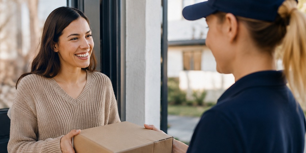 Zufriedene Kundin übernimmt ihre Bestellung vom Paketdienst