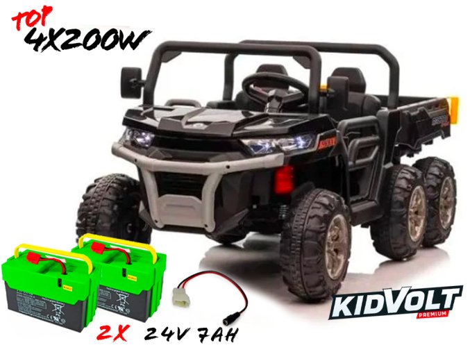 Elektrické dětské auto buggy, šestikolka 4x200W 7Ah + EXTRA 7Ah - černá  EVA KOLA | BLUETOOTH | 24V | 4x6 | 800W