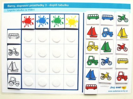 Barvy - dopravní prostředky. Logická tabulka, strukturovaný úkol pro děti s autismem