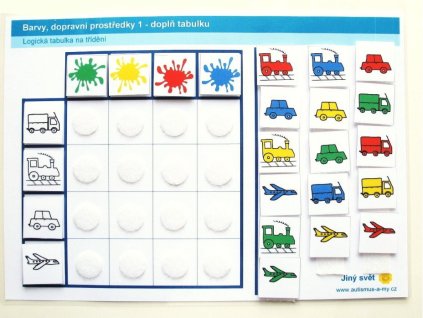 Barvy - dopravní prostředky, strukturovaný úkol, logická tabulka pro děti s autismem