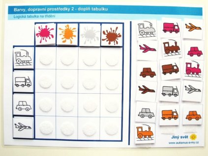 Barvy - dopravní prostředky, logická strukturovaná pomůcka pro děti s autismem