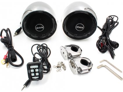 Zvukový systém s reproduktormi na motocykel, skúter, ATV s FM, USB, AUX, BLUETOOTH, farba chróm