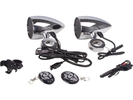 Zvukový systém na motocykel, skúter, ATV s USB, BT, 2 x diaľkové ovládanie, farba chróm