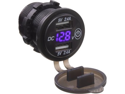 2x USB nabíjačka s voltmetrom vodeodolná do panelu, modré