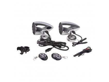 Zvukový systém na motocykl, skútr, ATV s  USB, BT, 2 x dálkové ovládání, barva chrom