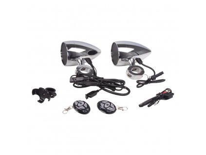 Zvukový systém na motocykl, skútr, ATV s  USB, BT, 2 x dálkové ovládání, barva chrom