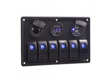 Panel s 6x spínači Rocker, voltmetr, CL + USB zásuvka, 12/24V