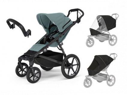 Akční set Thule Urban Glide 4-wheel s magnetickou přezkou Mid blue + pláštěnka + moskytiéra + madlo  s originálním příslušenstvím THULE
